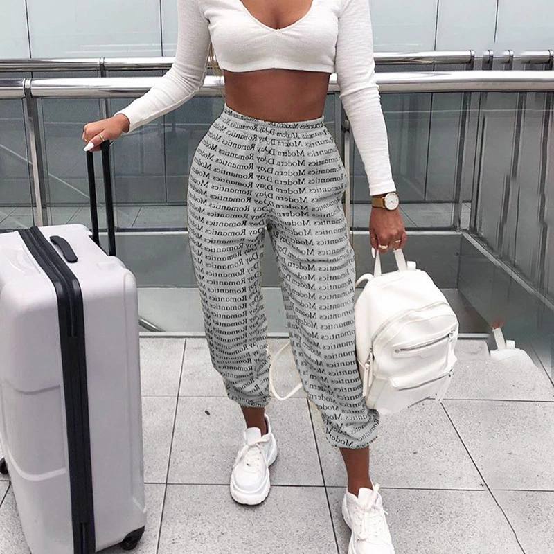 Women's Street Style Print Wide Leg New Letters Print Tie-Up Pants