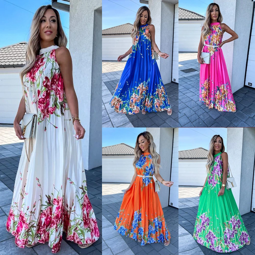 Women's Fashion Print Halter Sleeveless Pleated Swing Dress