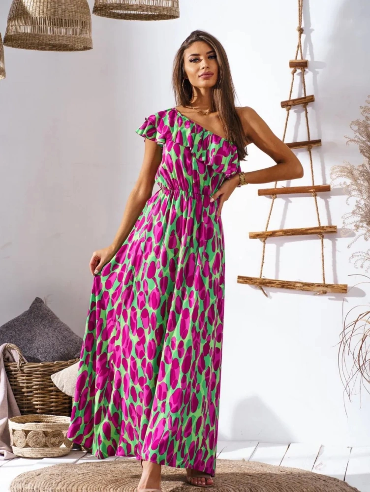 Women's Nipped Waist Off Shoulder Printed Long Dress