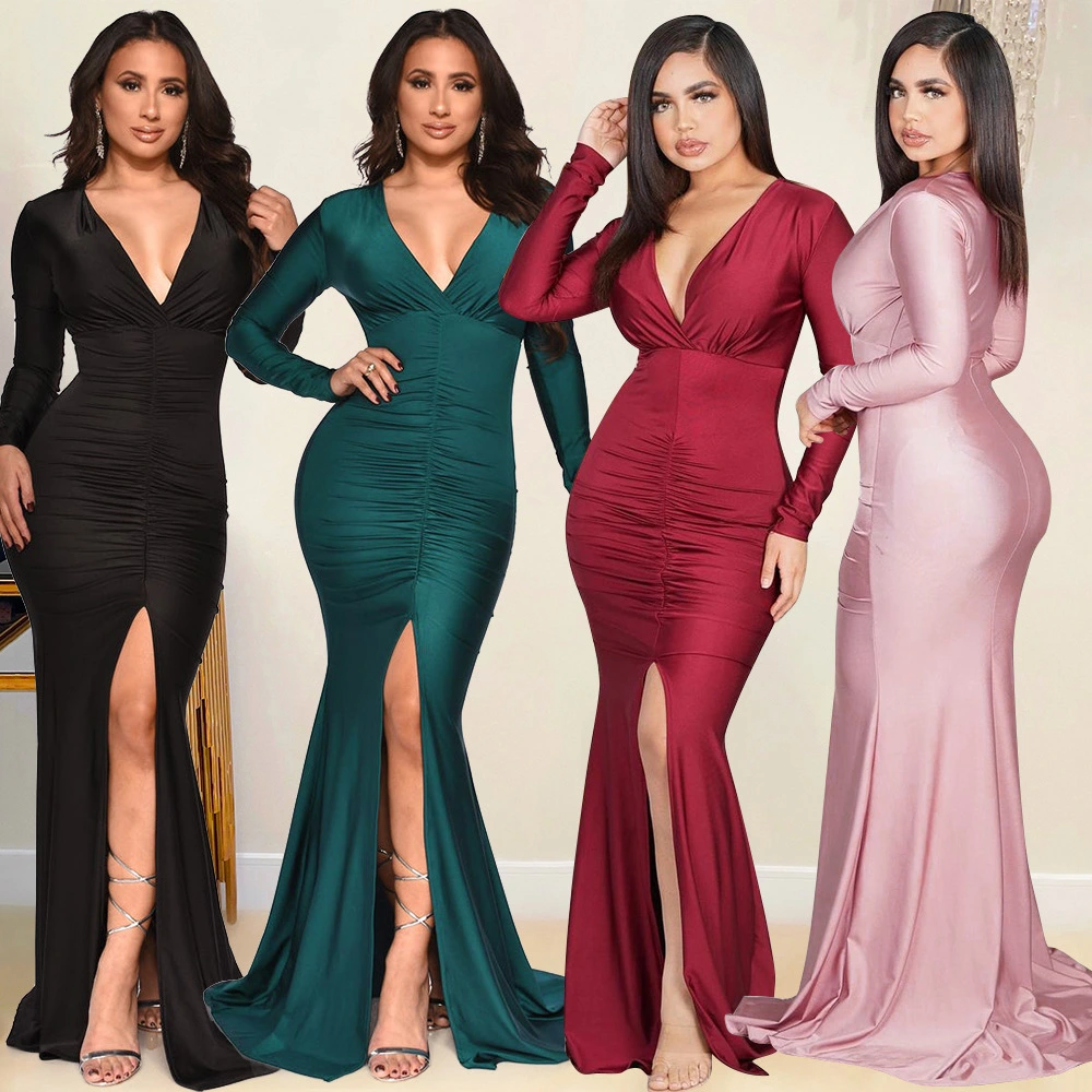 Women's Skinny V-Neck Long-Sleeve Slit Mermaid Skirt