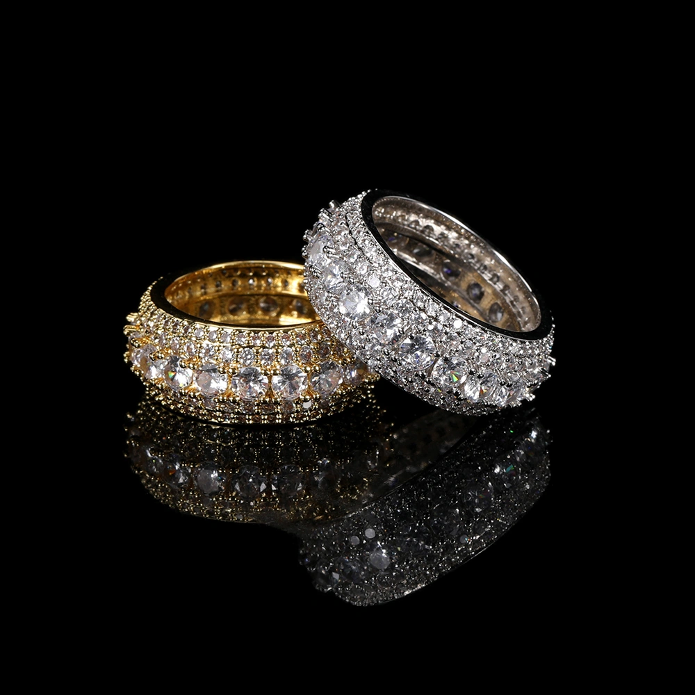 Hip Hop Copper Micro Set Five Row Full Zircon Ring Real Gold Plating