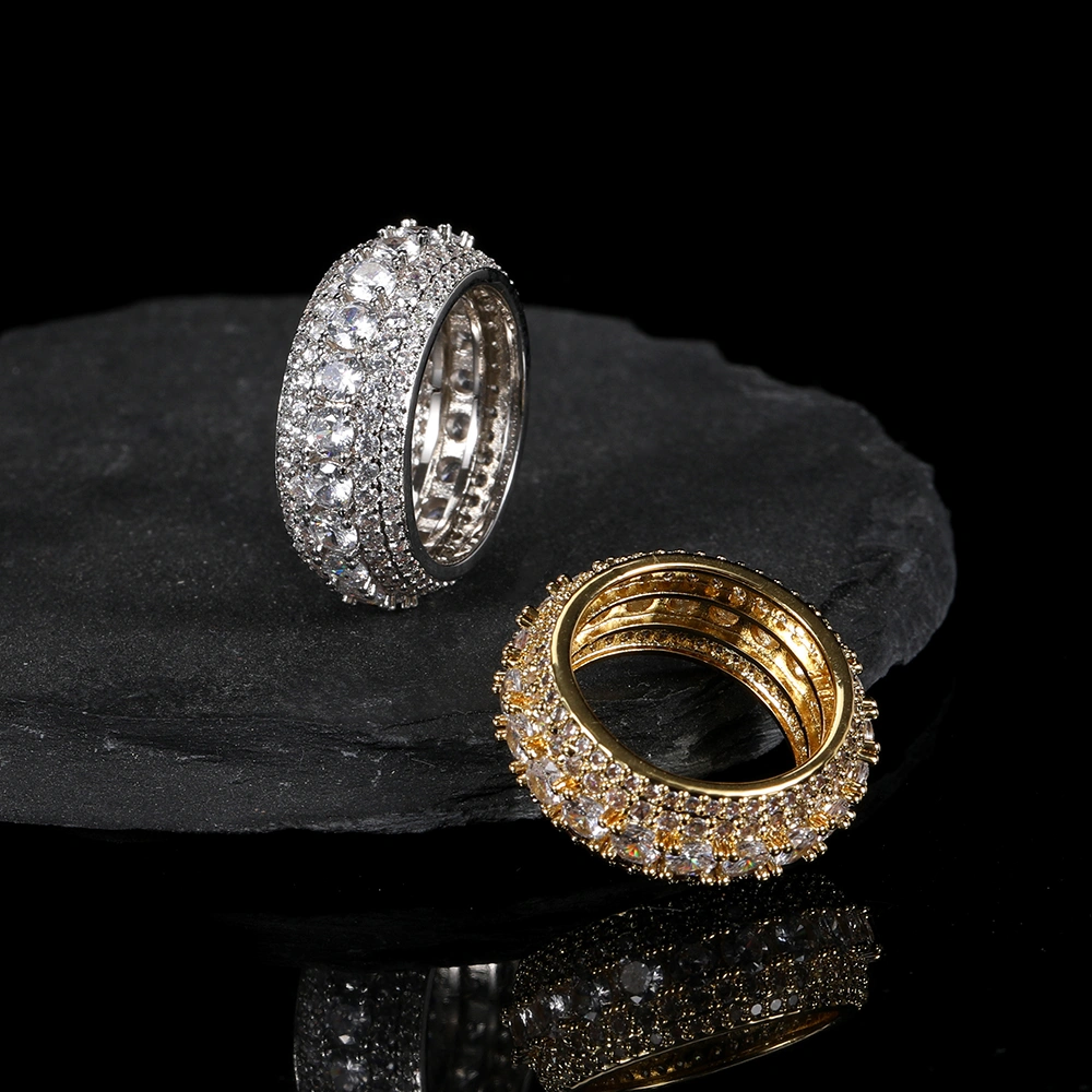 Hip Hop Copper Micro Set Five Row Full Zircon Ring Real Gold Plating