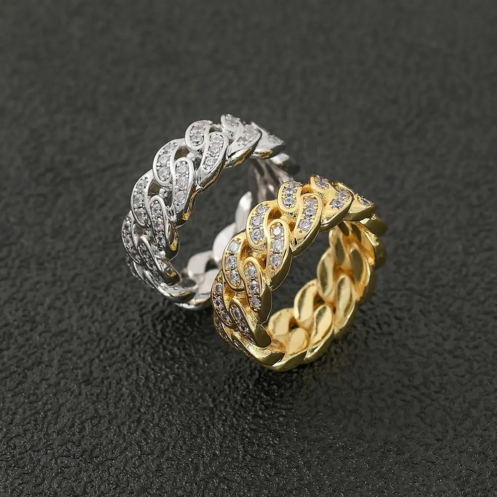 8mm Single Row Zircon Cuban Ring Popular 18K Gold