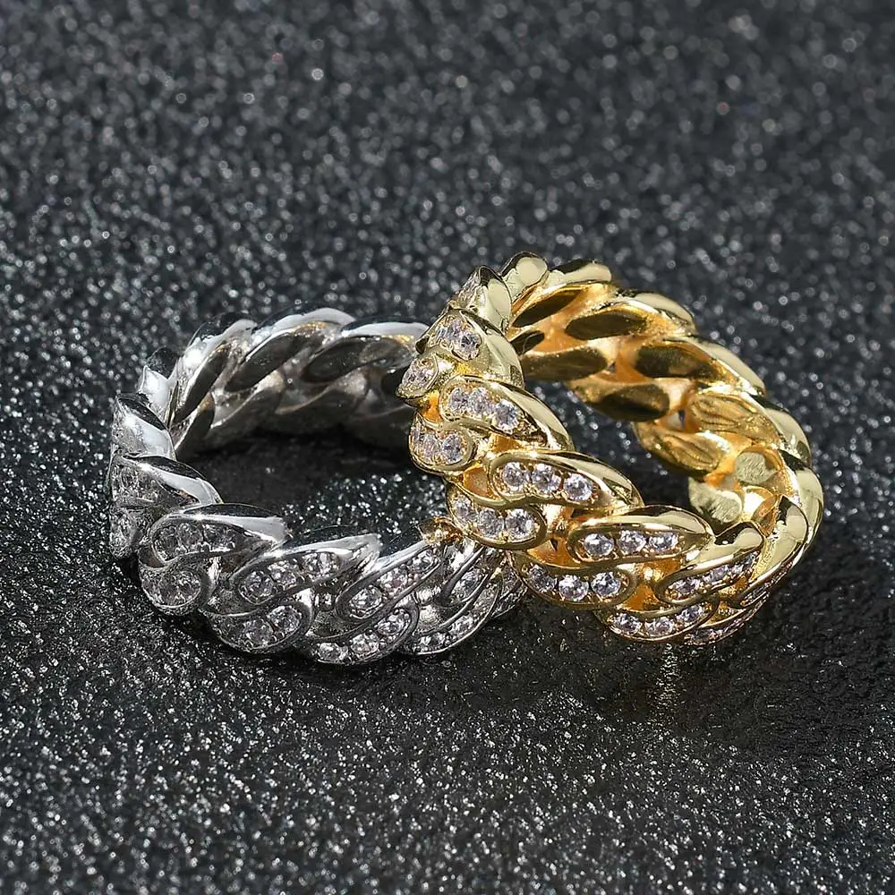 8mm Single Row Zircon Cuban Ring Popular 18K Gold