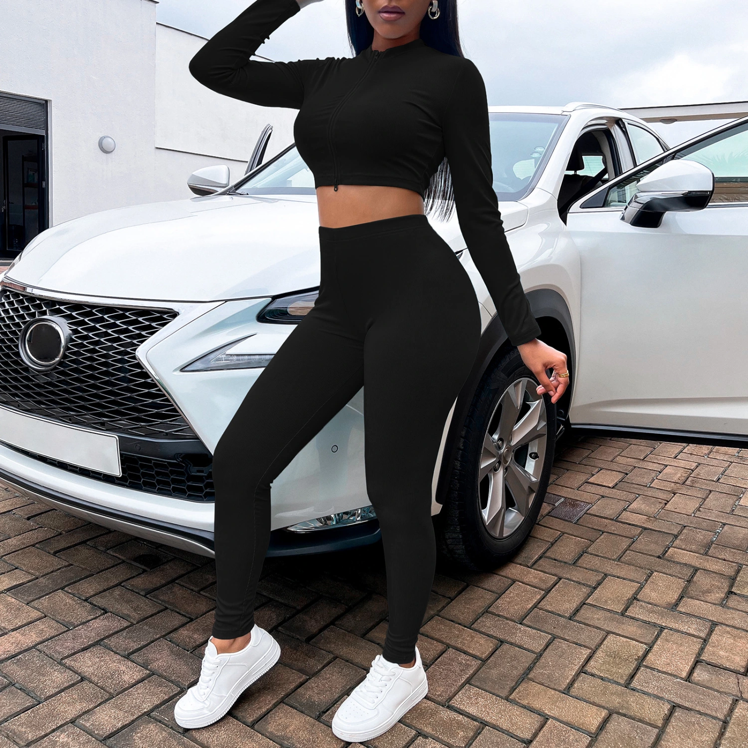 Ladies Fashion Casual Double Open Zipper Pants Set