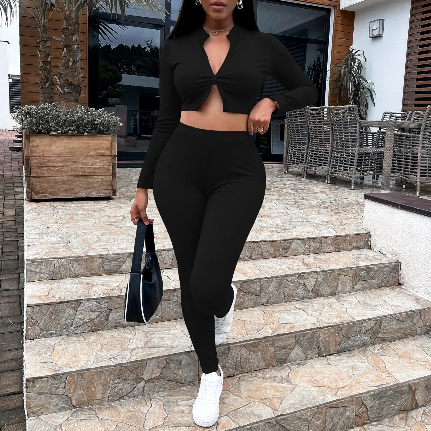 Ladies Fashion Casual Double Open Zipper Pants Set