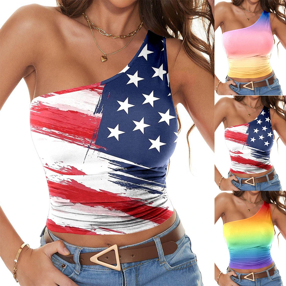 Women's Gradient Print Sling Slim One Shoulder Sleeveless Top