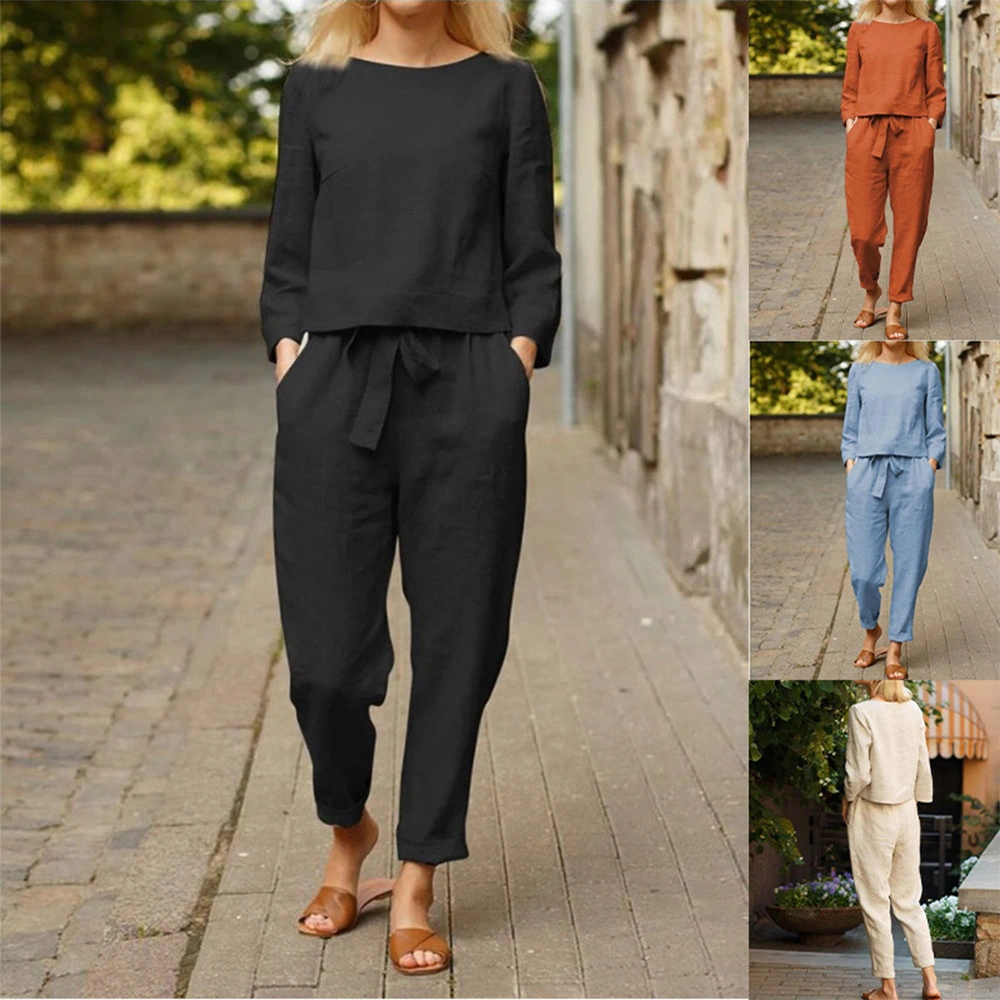 Solid Color Two Piece Fashion Casual Long Sleeve Tie Loose Pants