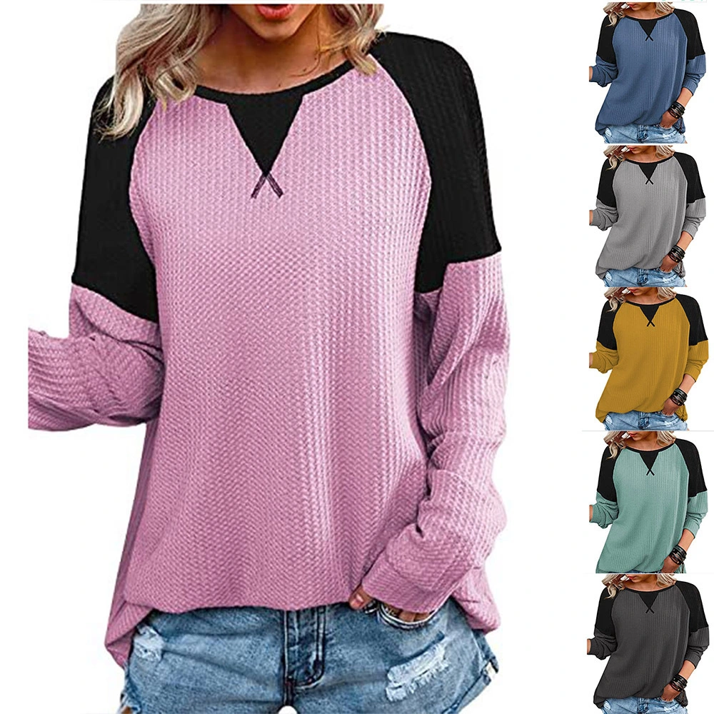 Waffle Stitching Round Neck T-Shirt Women Raglan Sleeves Long Sleeves