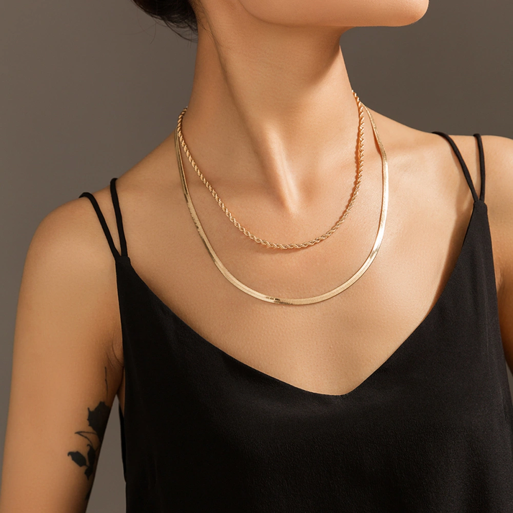 European and American ins minimalist style jewelry wild OT buckle double layered clavicle chain flat gold wire chain retro pearl necklace