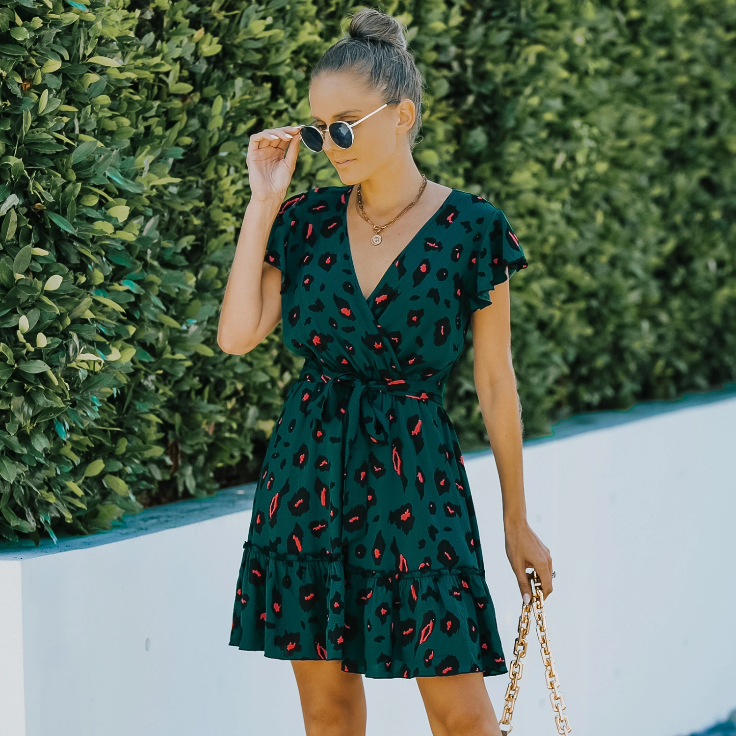 Women's Chiffon Floral Dress Lace-up Polka Dot Dress