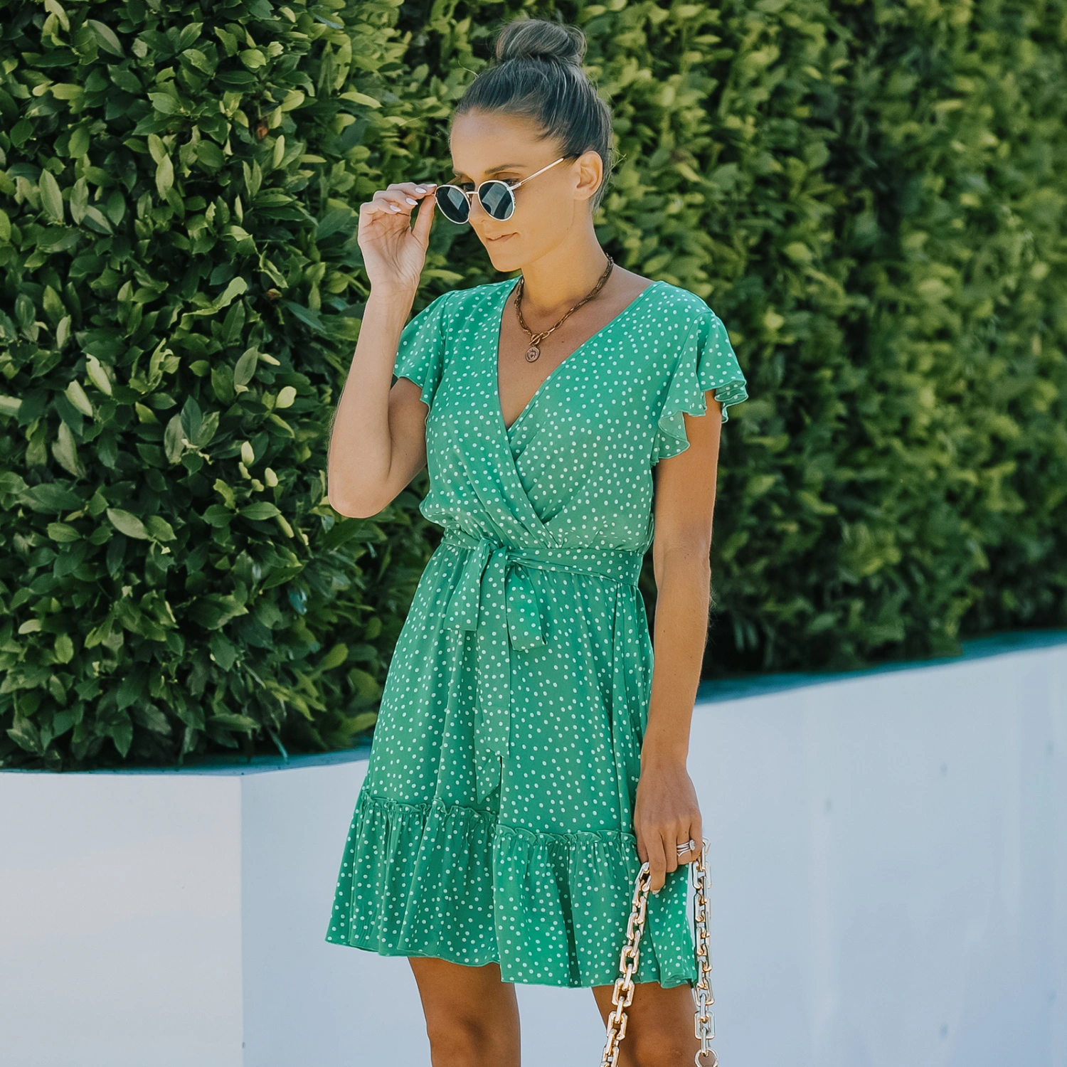 Women's Chiffon Floral Dress Lace-up Polka Dot Dress