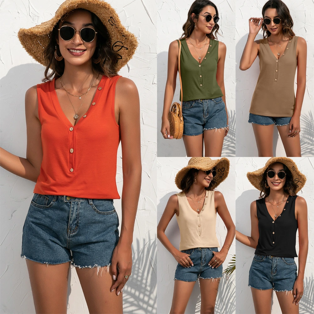 Solid V-Neck Sleeveless Button T-Shirt