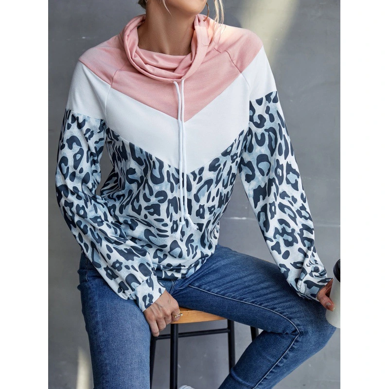 Leopard Print Contrast Color Patchwork Pullover Hooded Sweater Top Women