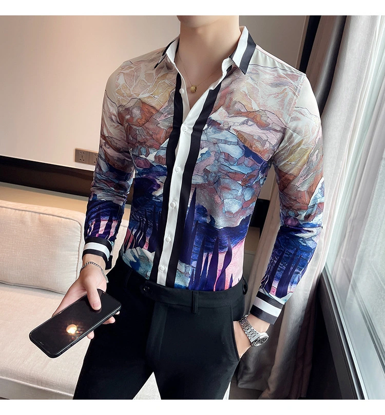 Personalized Printed Floral Thin Long Sleeve Lapel Shirt