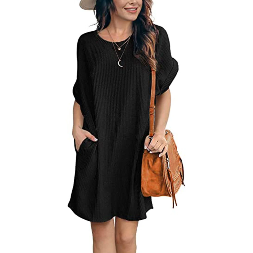 Waffle Casual Loose Pocket Short Sleeve Crew Neck Dress