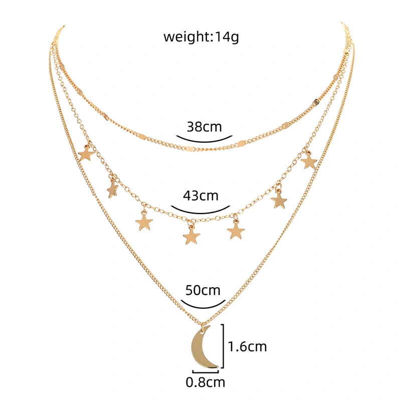 European and American cross-border hot jewelry, simple and fashionable star tassel moon crescent multi-layer necklace, stacking necklace for women