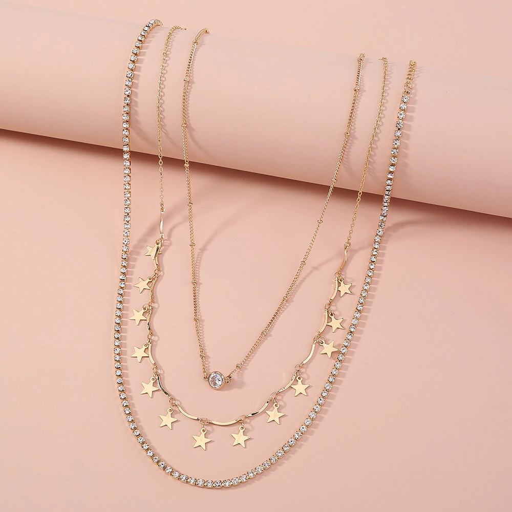 European and American cross-border accessories, light luxury and exquisite diamond-studded retro fashion multi-layer five-pointed star tassel trend clavicle chain necklace