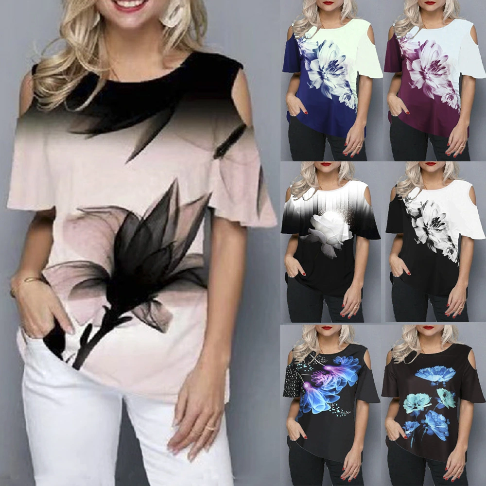 Women's Loose 3D Flower Print Round Neck Off Shoulder Short Sleeve T-Shirt