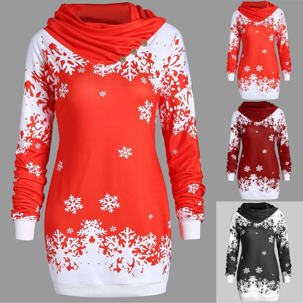 Christmas Snowflake Print Long Sleeve Pile Neck Dress