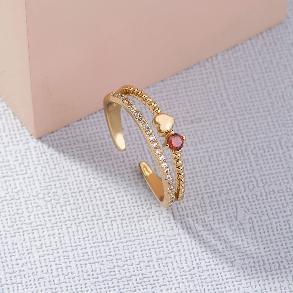 European and American ins wind copper inlaid zircon love ring red gemstone opening micro inlaid index finger ring female