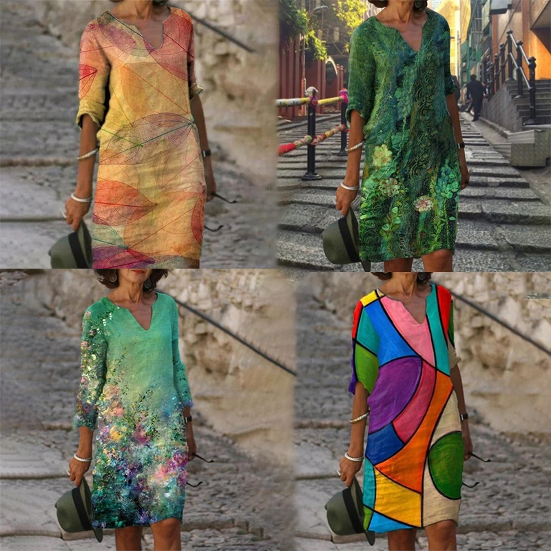 Multicolored Print Rendering Fashion V-neck Mid-sleeve Mid-waist Pullover A-line Skirt Dress