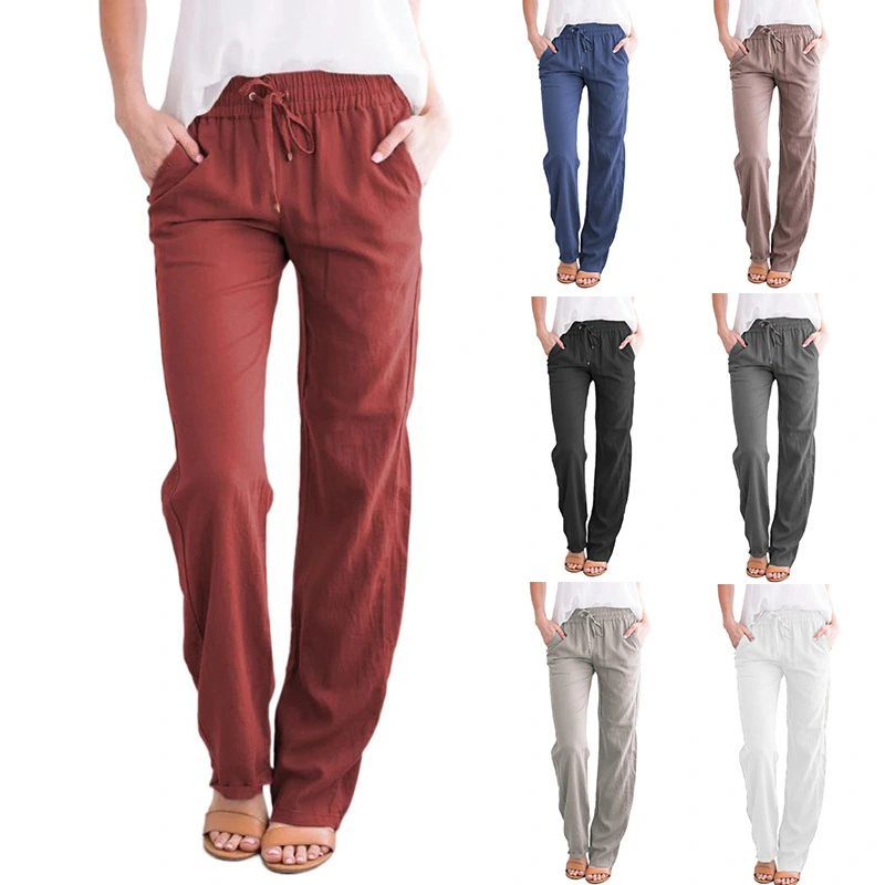 Solid Color Cotton Linen Drawstring Loose Casual Wide Leg Trousers