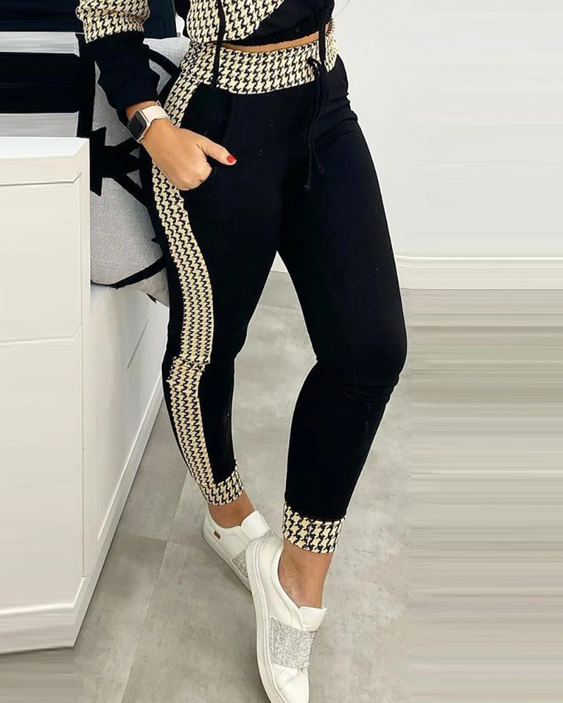 Black Houndstooth Print Casual Suit