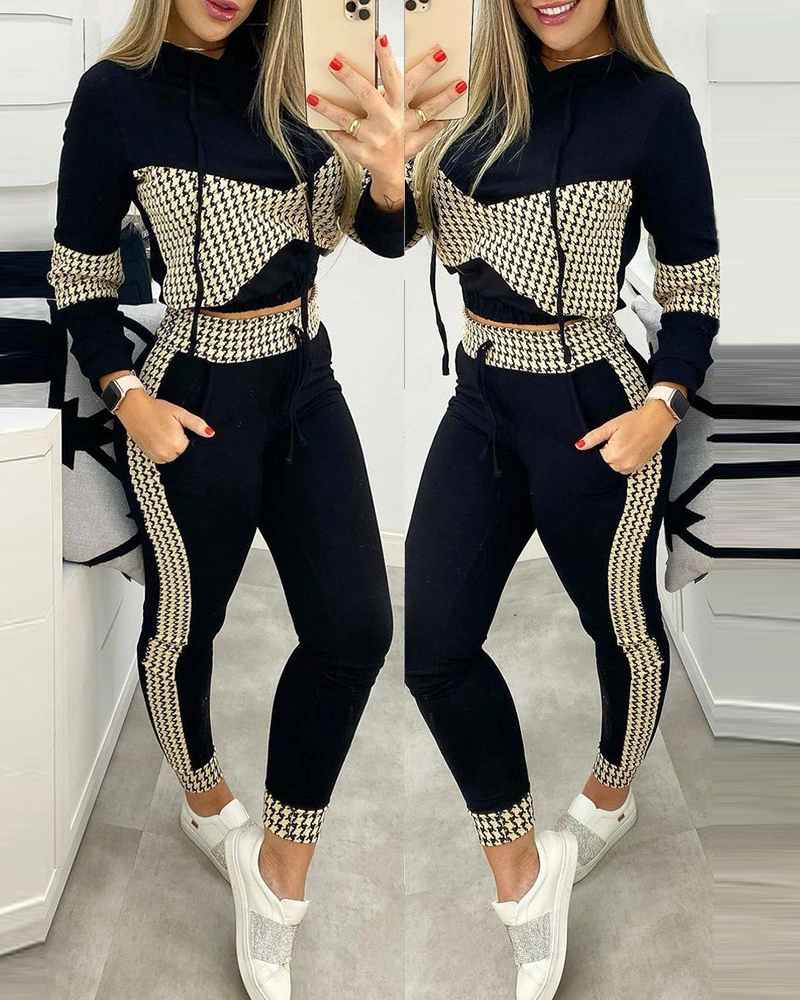 Black Houndstooth Print Casual Suit