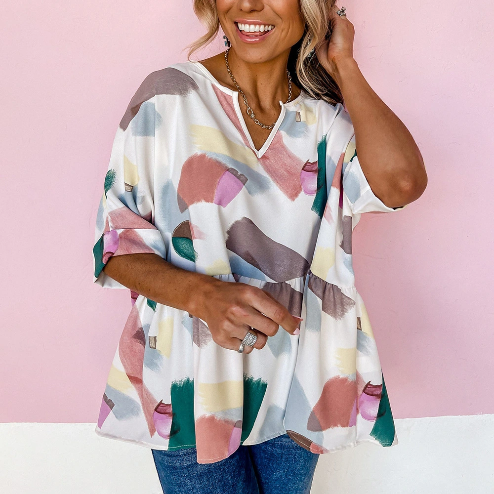 European And American Print V-neck Five-point Sleeve Loose Casual Women's Top