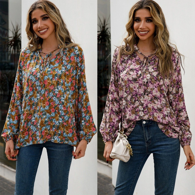 Loose Casual Long Sleeve V-Neck Print Shirt