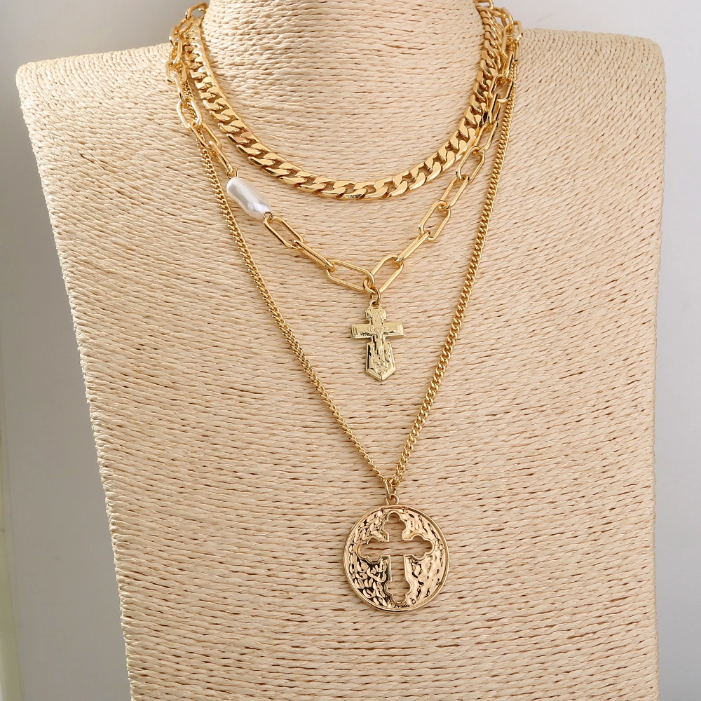 European and American lattice chain multi-element cross necklace can be detached and layered to wear creative design trendy necklace