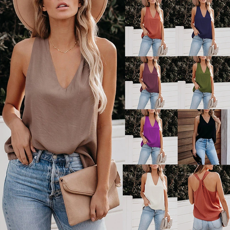 Women's Casual V-Neck Solid Color Camisole Shirt Ice Silk Wrinkle