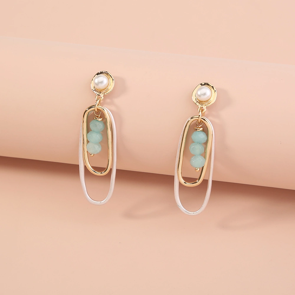 European and American double-layer sand silver oval long earrings earrings retro wild natural green agate geometry