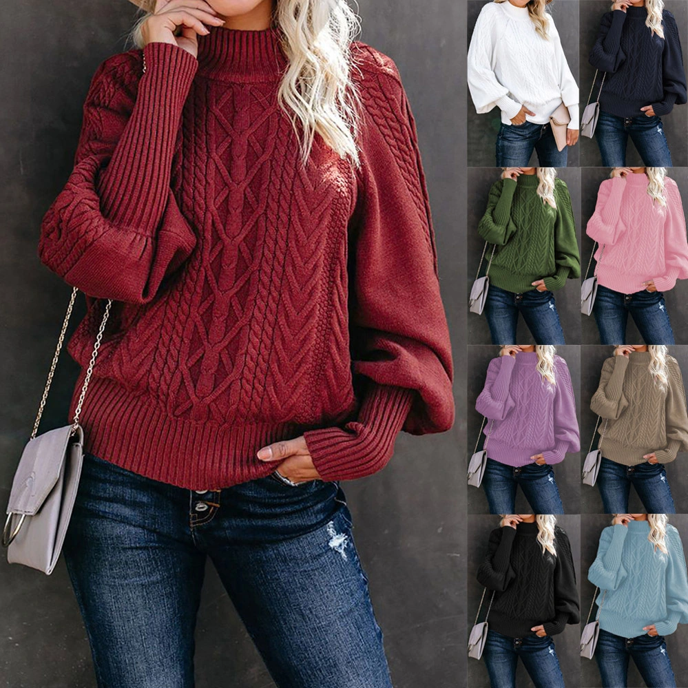 Women's Mid Neck Loose Long Sleeve Knit Solid Color Sweater