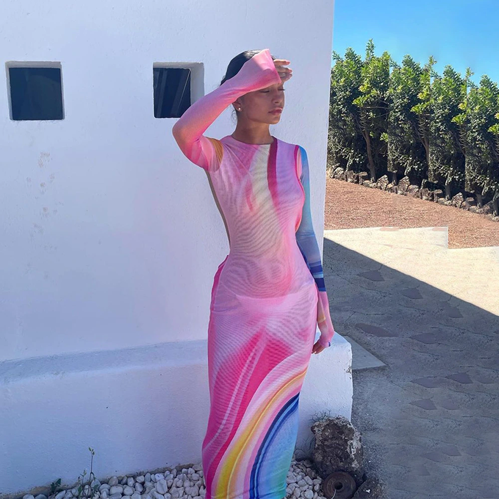 European And American Women's Clothing Fashion Personality Printing Temperament Slim Backless Long-sleeved Dress