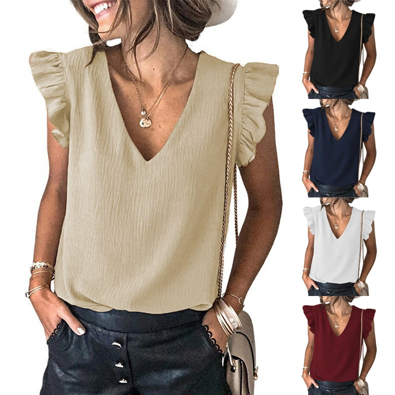 Women's Solid V-Neck Pullover Ruffle Sleeve Top