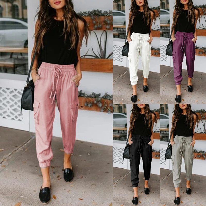 Solid Color Loose Casual Pants Pocket Drawstring Drawstring Pants