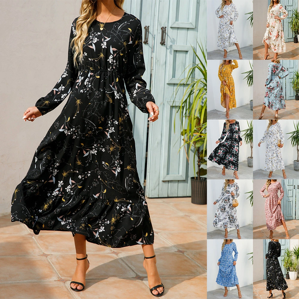 Round Neck High Waist Pullover Long Skirt Fashion Casual A-Line Skirt