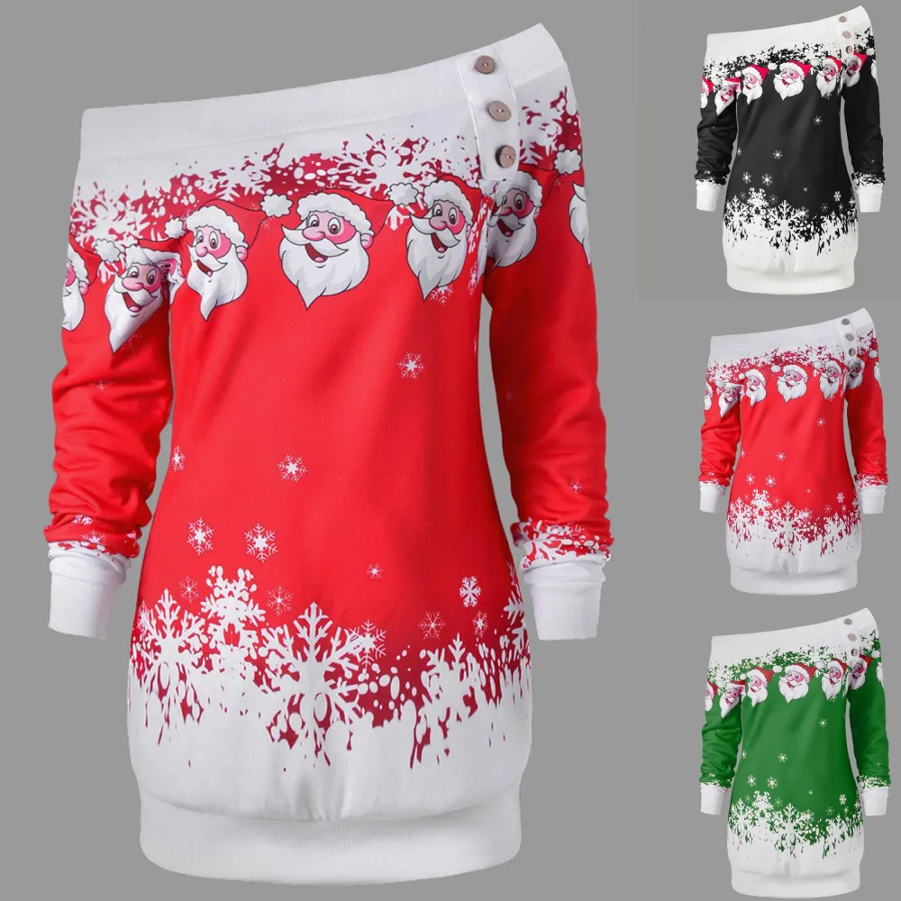Santa Head Print Long-sleeve Drag-neck Dress