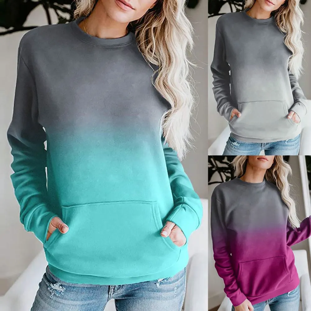 Tie Dye Gradient Long Sleeve Sweatshirt Pocket Tee Top