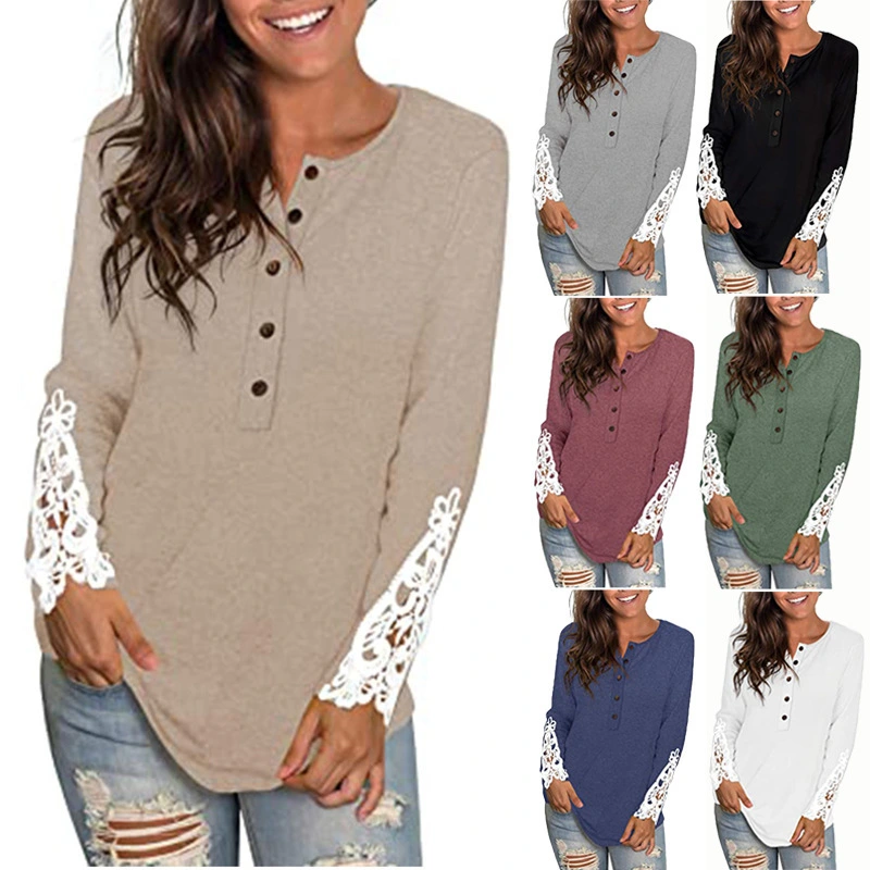 Round Neck Button Sleeves Lace T-Shirt Top
