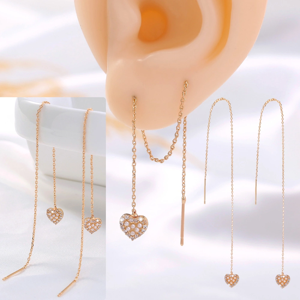 Gold Heart Cutout And Diamond Long Tassel Earrings