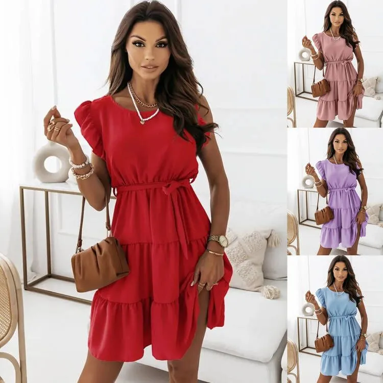 Solid Color Round Neck Pullover Short Sleeve Ruffle Tie Waist Dress