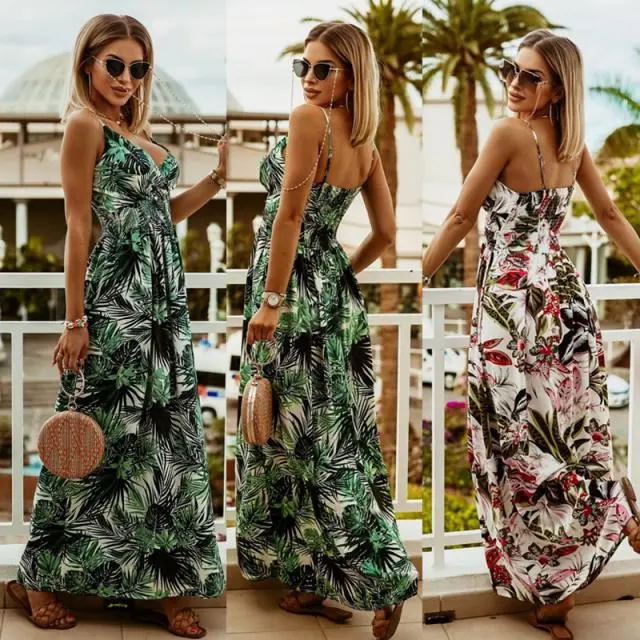 V-neck Sleeveless Suspender Print Boho Dress