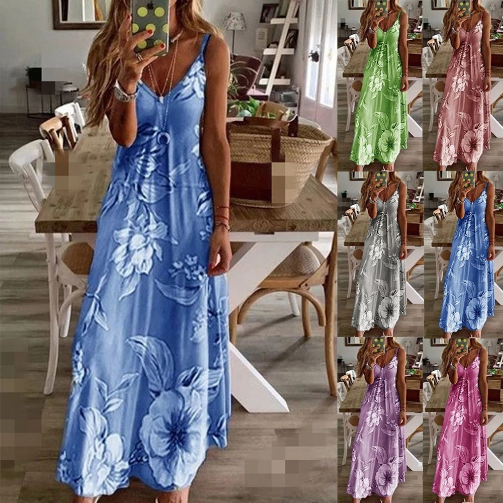 European And American Women's New Print Striped Slim Suspenders Casual Pullover A-line Dress
