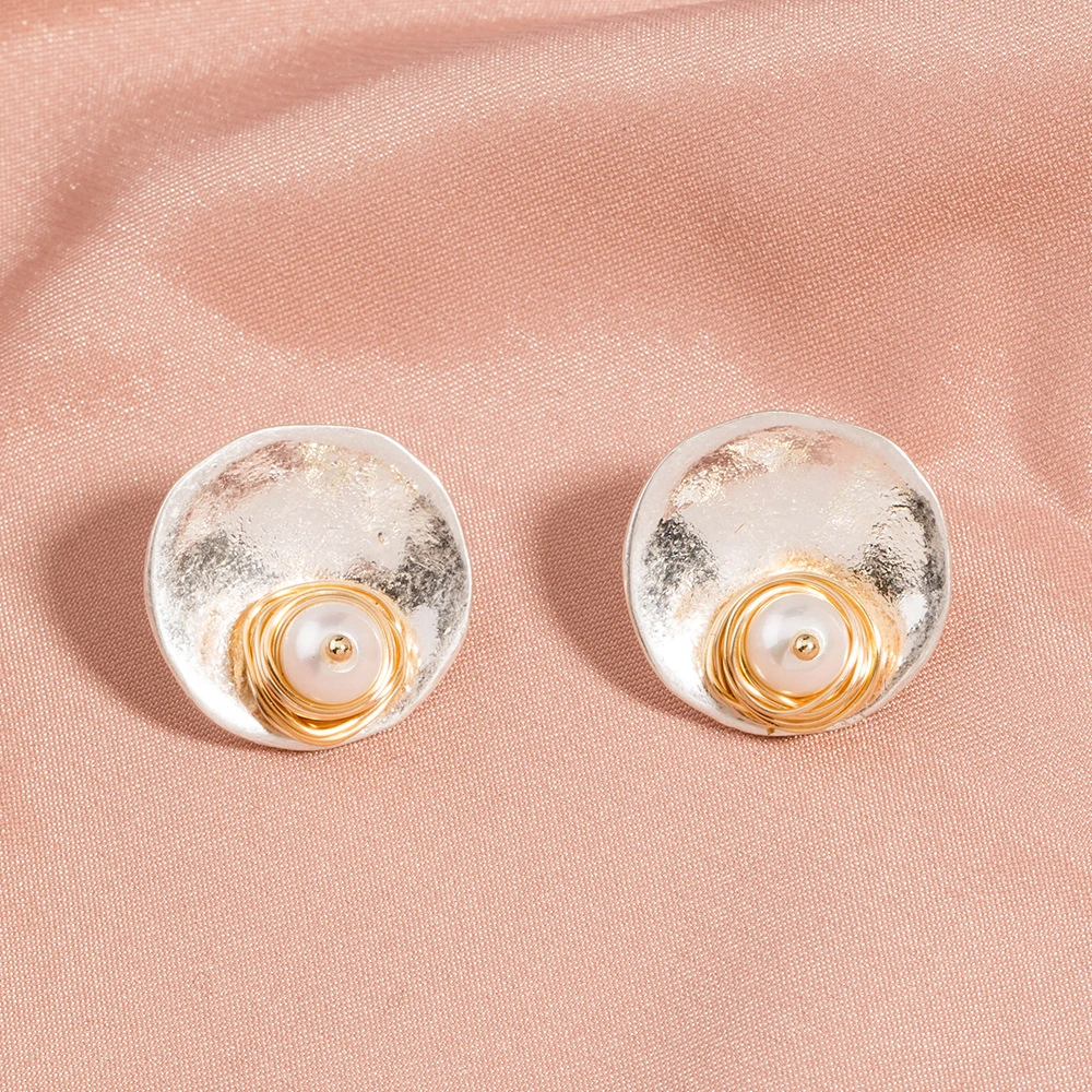 European and American retro ethnic style earrings sandy silver round hand-wrapped natural freshwater rice bead earrings