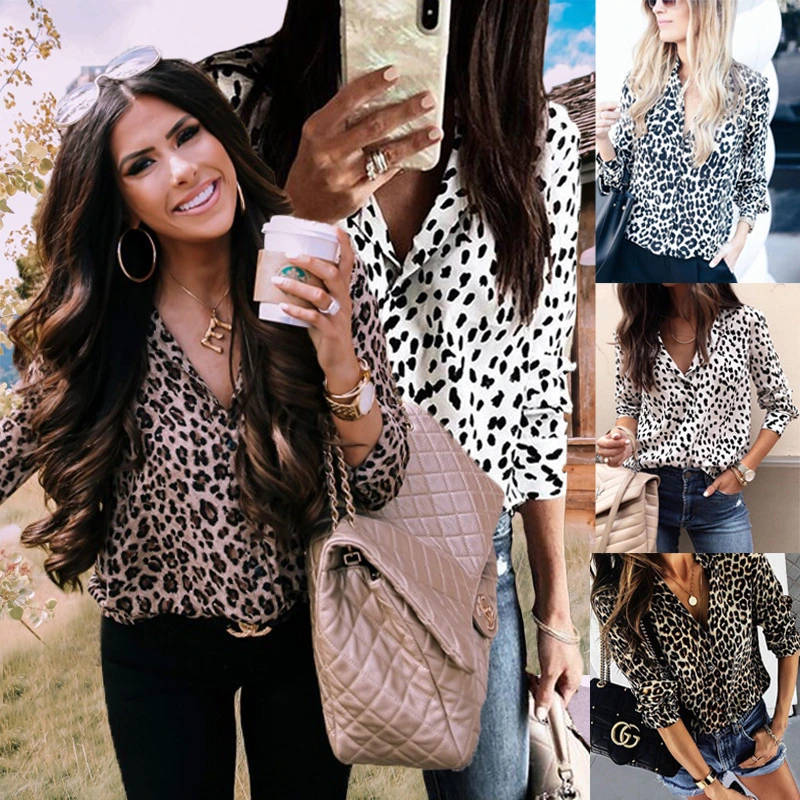 Ladies Fashion Leopard Print Button Long Sleeve Top Shirt