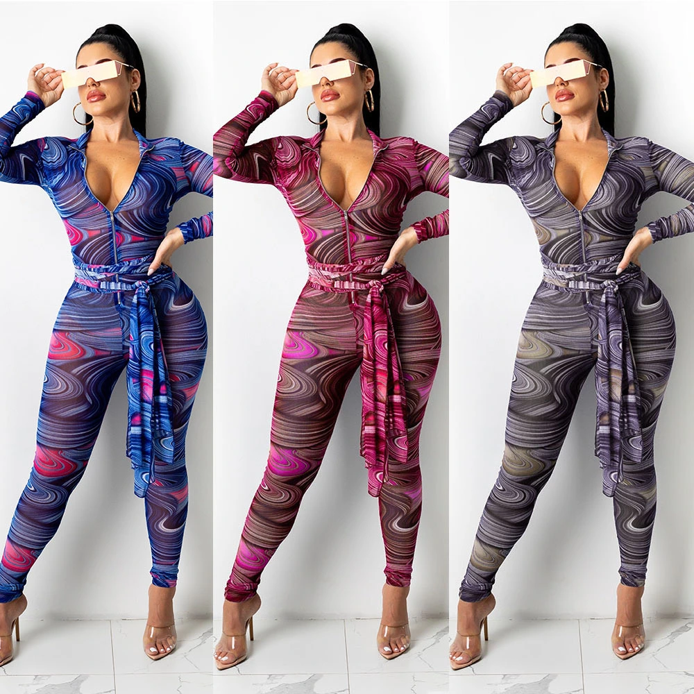 Printed Sexy Nightclub Long-Sleeved Mesh See-Through Jumpsuit