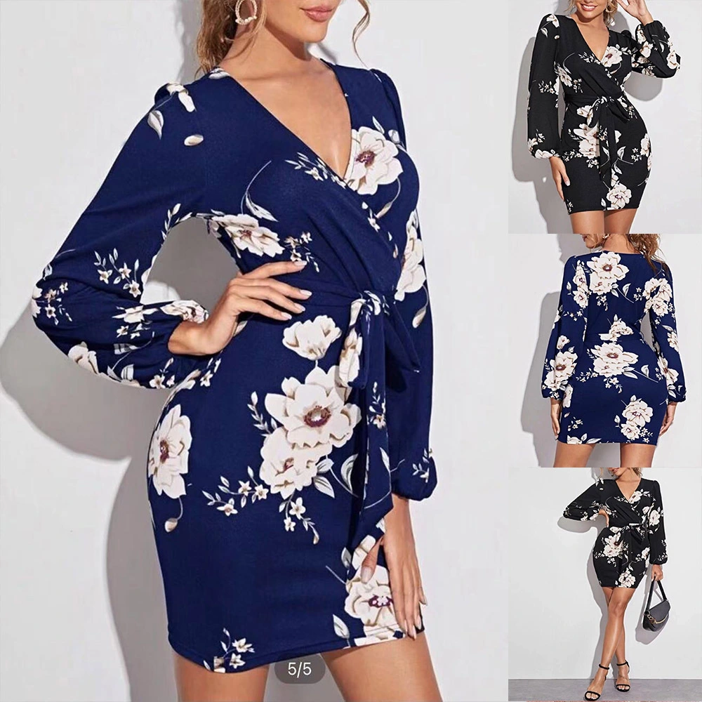 V-Neck Printed Long-Sleeved Slim Casual High-Waist Pullover Stitching Dress